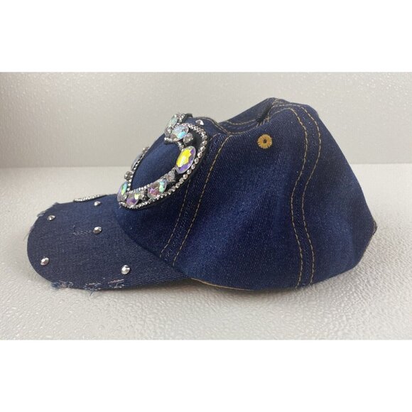 Woman Denim Sparkle Hat Rhinestone Heart Bling Embellished Adjustable Frayed Cap - Picture 8 of 13
